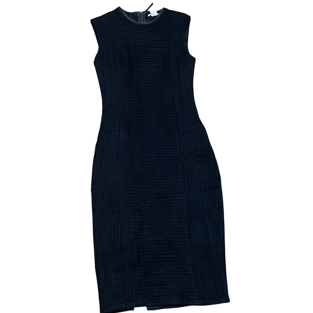 Helmut Lang Women's 00 Black Textured Ribbed‎ Sheath Dress Leather Trim E07HW610